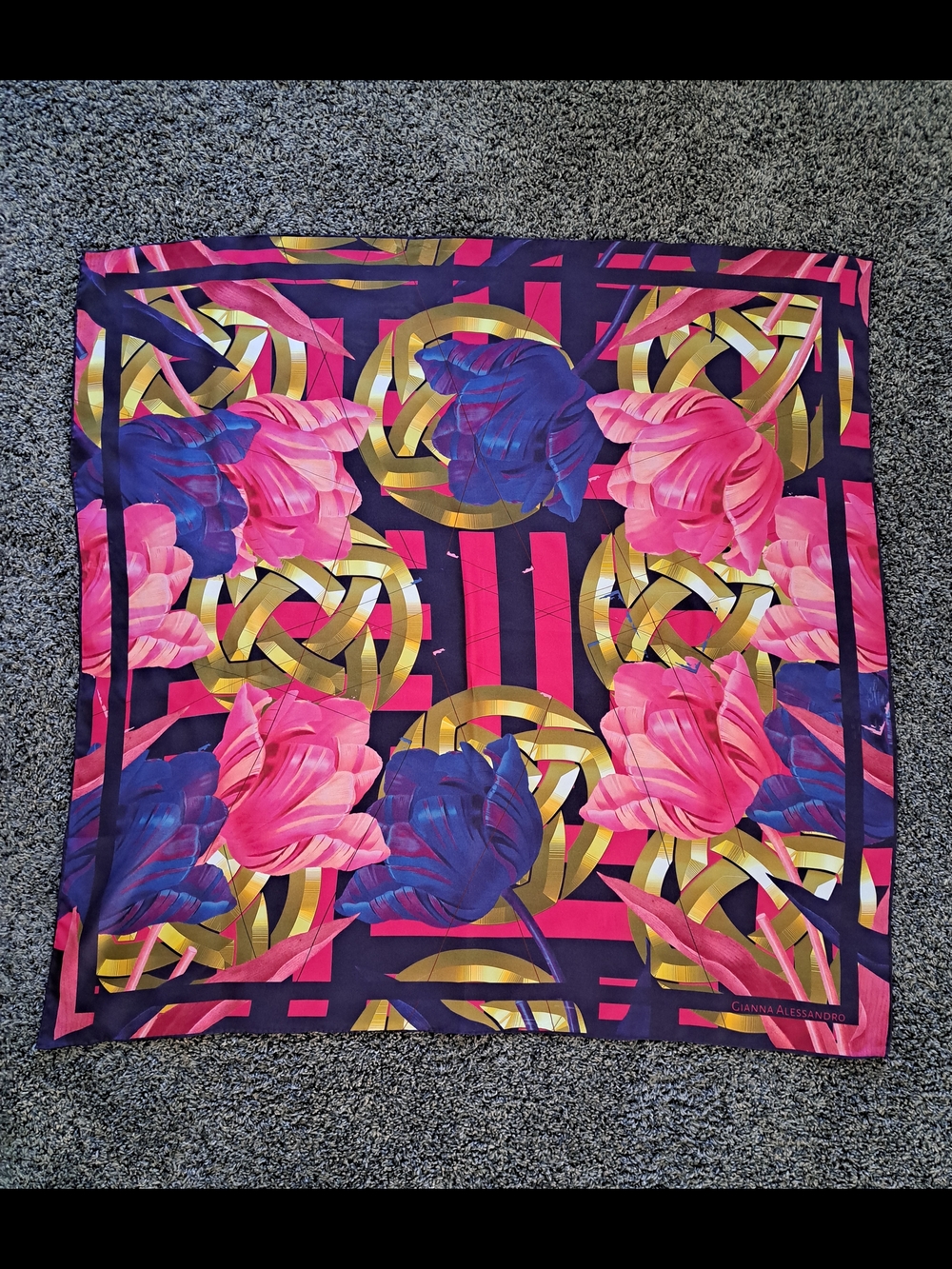 Floral Graphic Silk Headscarf By Gianna Alessandro Pink & Purple Hues